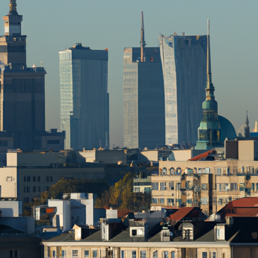 מבט אווירי של קו הרקיע של ורשה, המציג את השילוב של אדריכלות היסטורית ומודרנית.