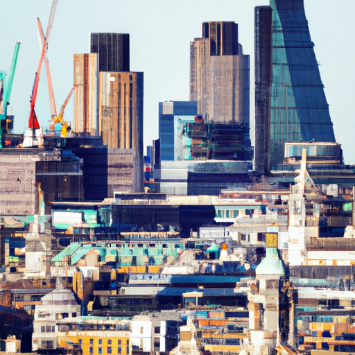 מבט אווירי של קו הרקיע של לונדון המציג תערובת של מבנים ארכיטקטוניים היסטוריים ומודרניים.